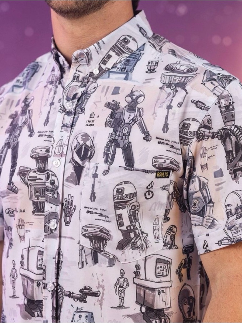 RSVLTS Men's Star Wars Large Droid Print Short Sleeve Shirt